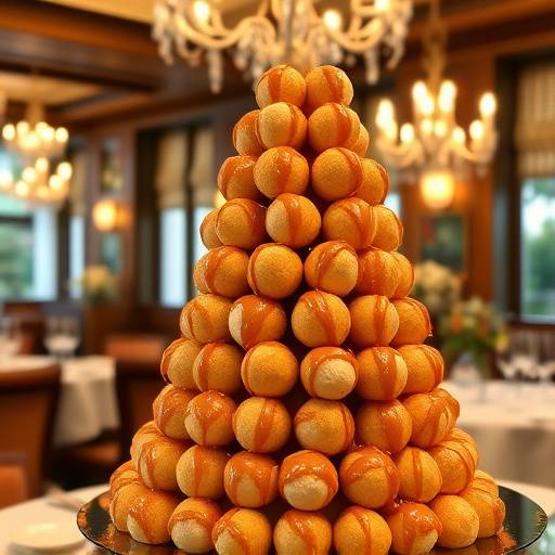 A beautifully decorated Croquembouche tower, drizzled with caramel, prepared for a special event at the restaurant.