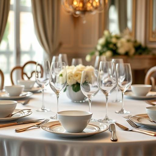 A beautifully set table with fine china, wine glasses, and silverware, creating an elegant dining ambiance.