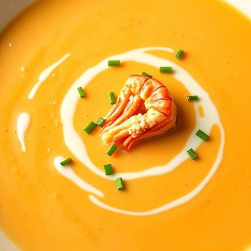 A bowl of creamy lobster bisque garnished with chives and a swirl of cream.