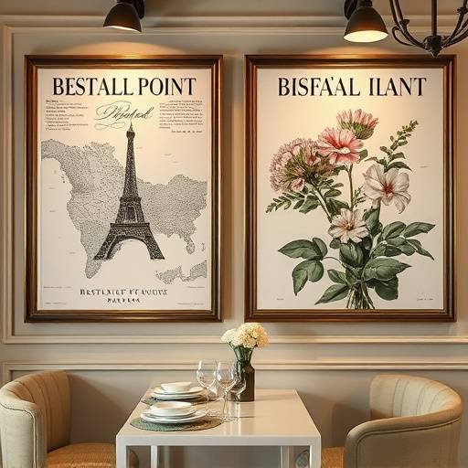 A detail of the restaurant's decor, featuring antique French posters and elegant floral arrangements.