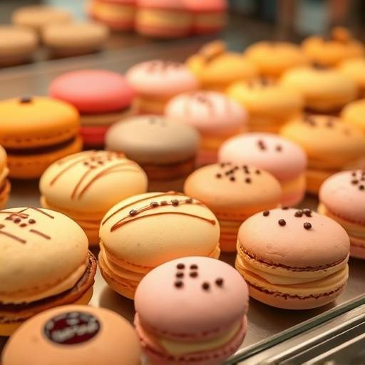 A diverse selection of French pastries on display at La Petite Gourmandise, including macarons, éclairs, and madeleines.