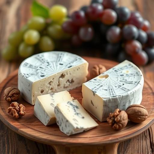 A selection of artisan cheeses from France, presented on a wooden board with grapes and walnuts.