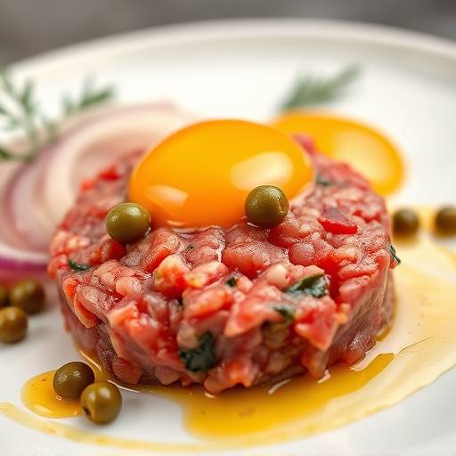 A small plate of Steak Tartare with capers, onions, and a raw egg yolk.