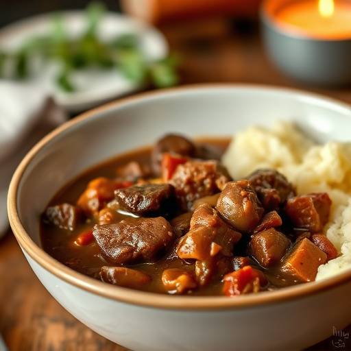 Beef Bourguignon served in a bowl with mashed potatoes.