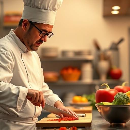 Chef Jean-Pierre demonstrating knife skills during a culinary workshop at La Petite Gourmandise.
