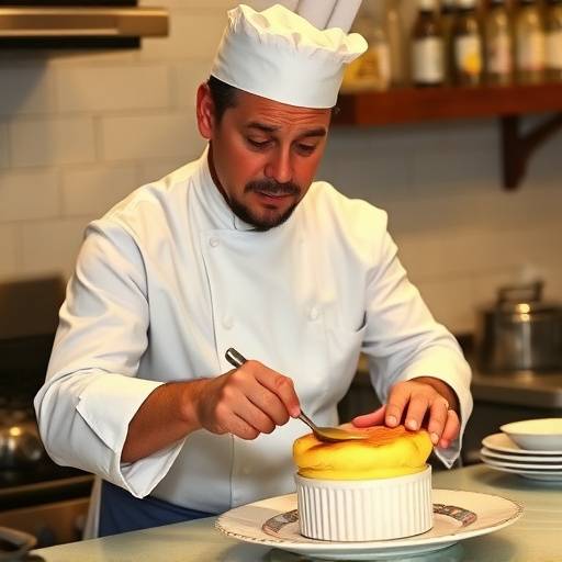 Chef Jean-Pierre preparing a classic French soufflé in the La Petite Gourmandise kitchen.