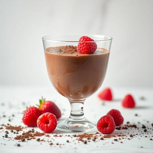 Chocolate mousse in a glass with raspberries on top.