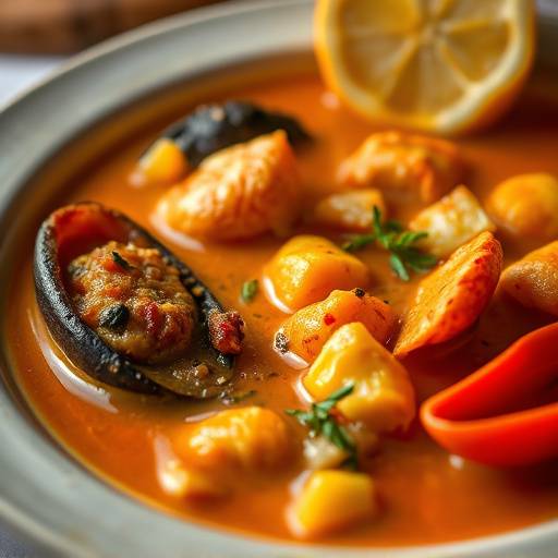 Close-up of a beautifully plated Bouillabaisse, a traditional Provenäal fish stew with saffron and rouille.