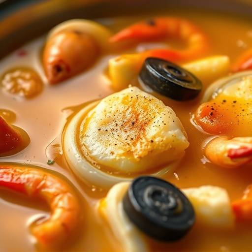 Close-up showcasing the saffron-infused broth and fresh seafood in the Bouillabaisse dish.