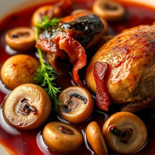 Coq au Vin - a classic French chicken stew simmered in red wine with mushrooms and bacon.