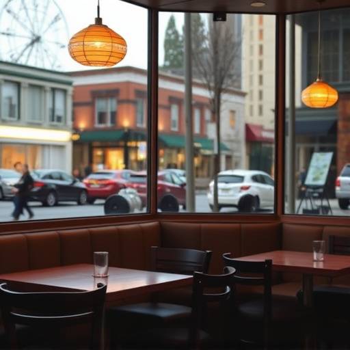 Cozy corner of the restaurant with comfortable seating and a view of the bustling Seattle street.