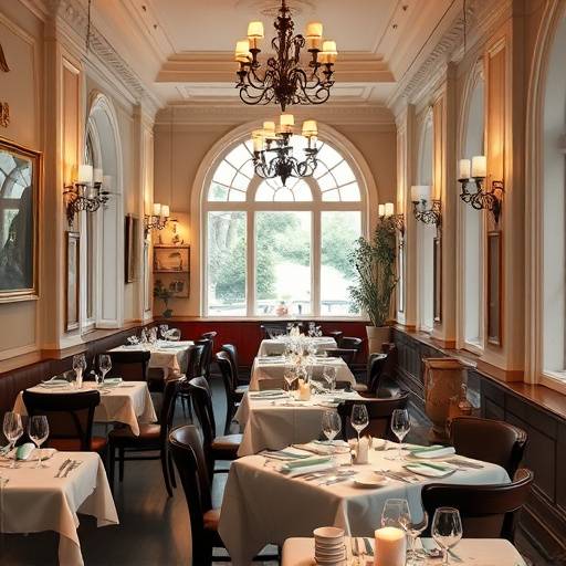 Elegant restaurant interior showcasing tables set for dinner with soft lighting and French-inspired decor.