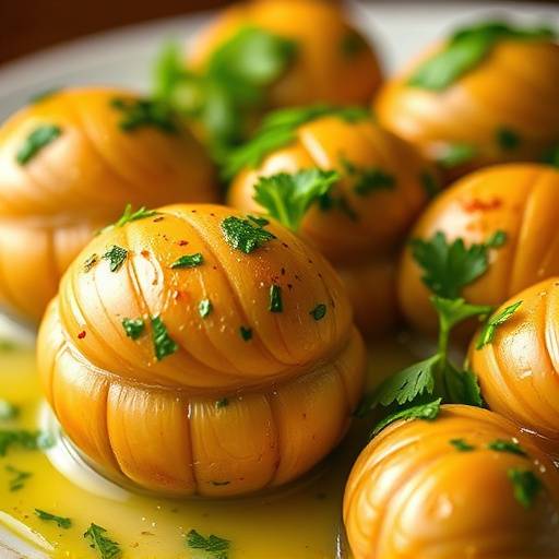 Plate of escargots de Bourgogne, baked in garlic and parsley butter.