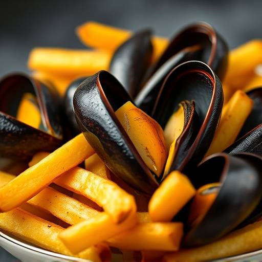Plate of Moules Frites, mussels cooked in white wine and herbs, served with fries.