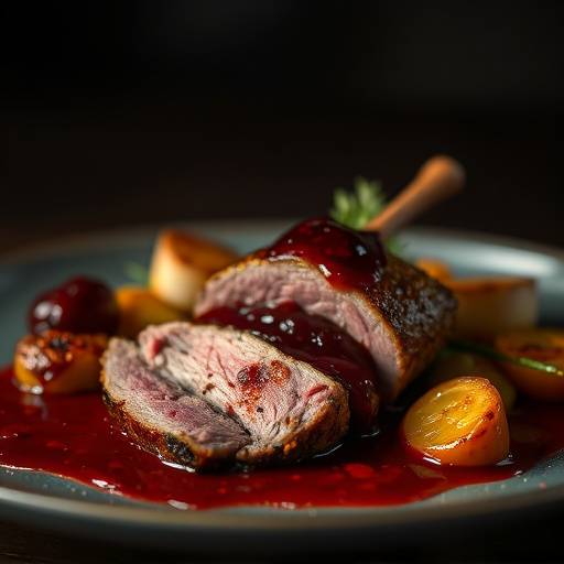 Seared Duck Breast served with cherry sauce and roasted vegetables.